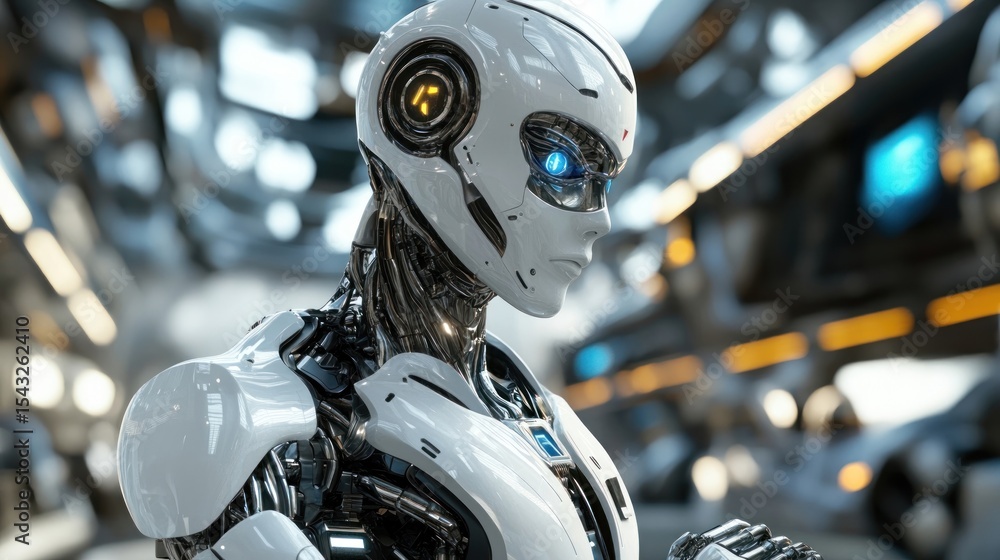 Poster advanced humanoid robot in futuristic setting