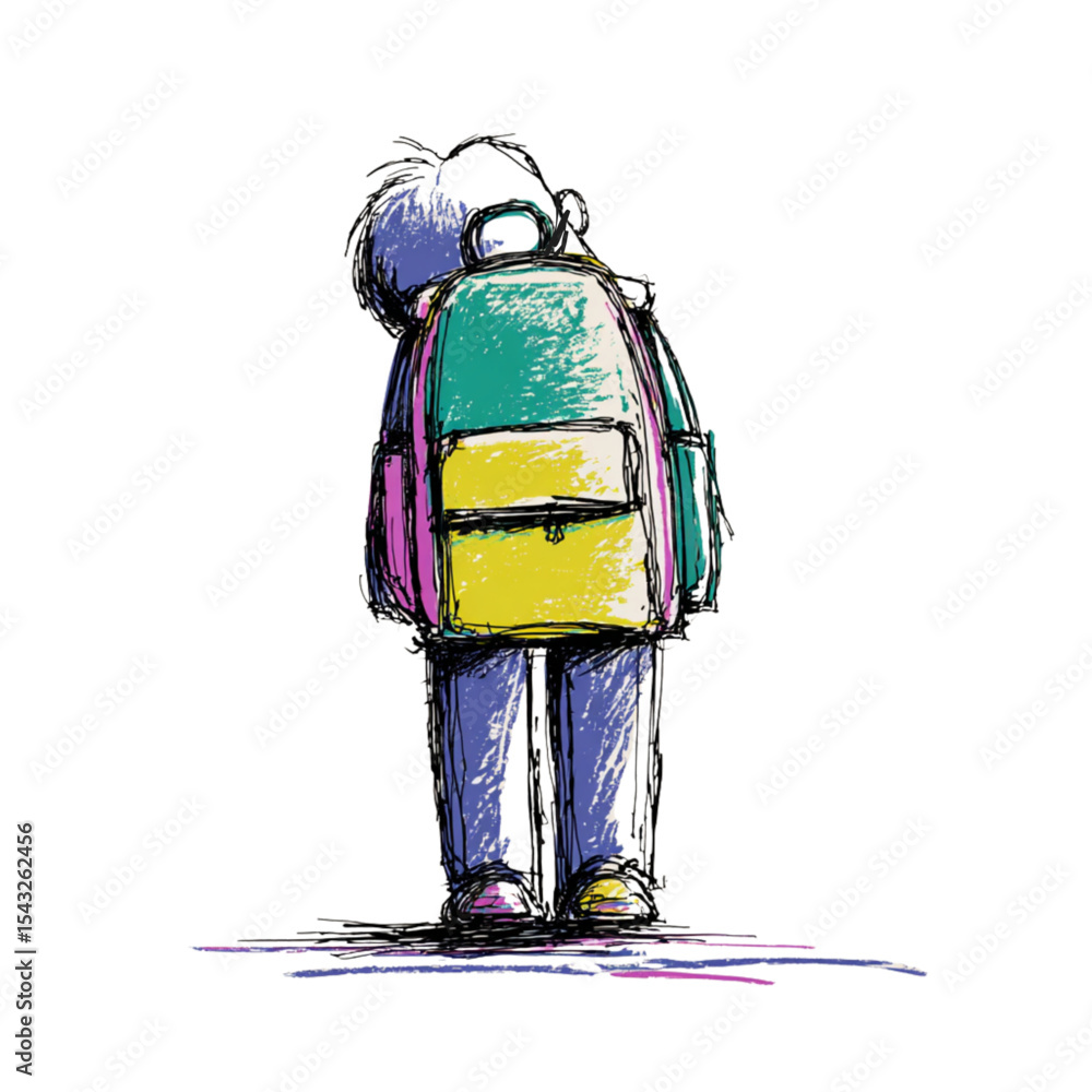 Poster Child standing with a colorful backpack looking up in sketch style  
