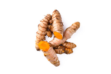 Turmeric with its magnificent orange color on a white background