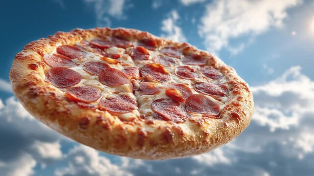Pepperoni pizza floating in the sky under cloudy atmosphere  