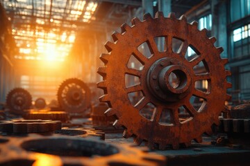 Rusty gears in an abandoned industrial building bathed in warm sunlight, a scene of forgotten industry.