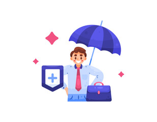 concept of worker protection and security. labor guarantee and social protection. health support, employee safety. illustration of a happy male employee. briefcase, umbrella, and shield. flat style
