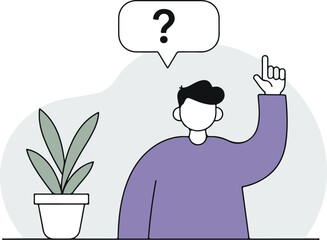 "Minimal vector illustration of a character with raised hand and question bubble, next to a potted plant, for FAQ section of a website, modern and clean design."