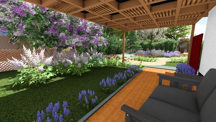 3d image of the landscape design of the home territory. Landscaping of the territory. Computer visualization of composite landscaping and landscaping solutions. 