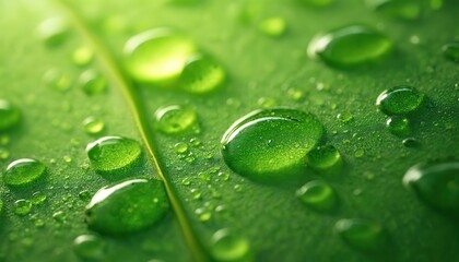 Close-up of green leaf with water droplets. Macro shot of plant cell texture. Freshness, detail, vitality, hydration. Nature, ecology, biology, science concept.