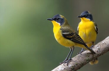 Fototapeta premium Vibrant photo Yellow-breasted Chats Icteria virens perched on branch. Birds with bright yellow breast, olive back, black head. Nature portrait of wild avian species. Natural environment background.