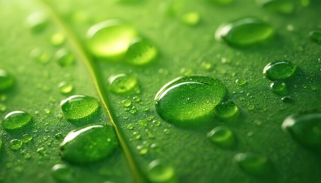 Close-up of green leaf with water droplets. Macro shot of plant cell texture. Freshness, detail, vitality, hydration. Nature, ecology, biology, science concept.