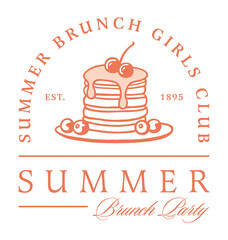 Summer brunch party girls pancakes lovers theme retro vintage aesthetic friends squad club shirt design logo. Preppy 80s fancy girly orange color cute text illustration print sticker decor clipart.