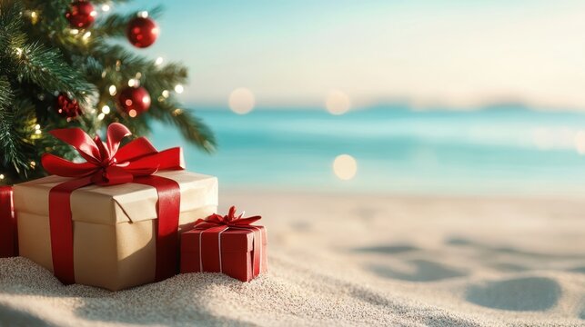 A delightful scene showing beautifully wrapped Christmas gifts placed on sandy shores, contrasting festive traditions with a sunny tropical beach atmosphere.