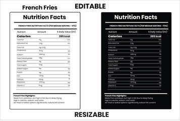 French Fries, nutrition facts, nutrition, nutrition label, calories in food, nutrition info, supplement facts, vector template
