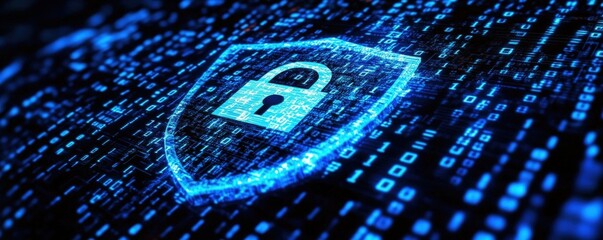A digital shield with a padlock symbolizes cybersecurity and data protection amid a background of binary code.