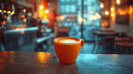 Latte Art in Orange Mug on Counter in Coffee Shop