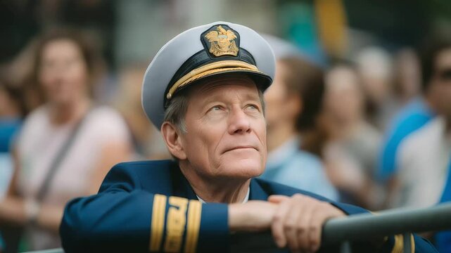 A solemn veteran in full dress uniform sheds tears behind a barricade during a heartfelt gratitude parade.