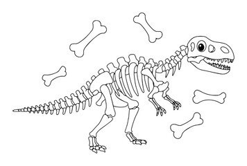 Fototapeta premium dinosaur skeleton cartoon outline vector illustration bones monochrome line art