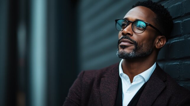 A stylish man wearing glasses leans against a brick wall, exuding confidence and sophistication, capturing urban elegance and modern fashion with a thoughtful expression. - Powered by Adobe