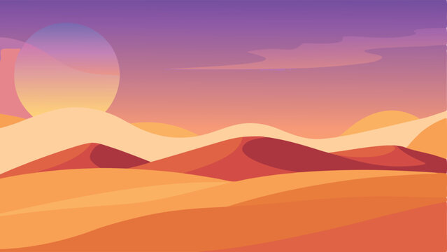 Abstract desert sunset landscape with sun and dunes in warm colors