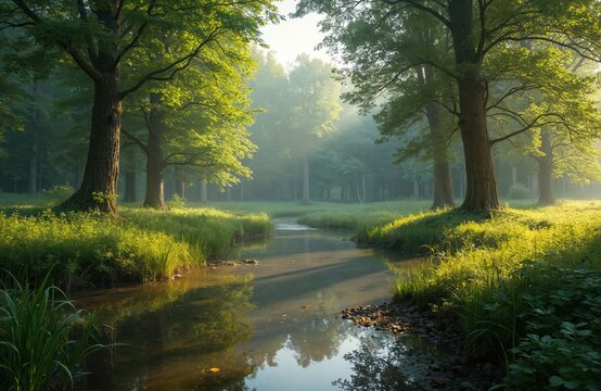 Scenic Kampina nature reserve, Netherlands. Tranquil stream flows through forest, sunlight through trees. Spring day, calm water reflects trees. Green foliage, peaceful scenery. Holland forest, oak