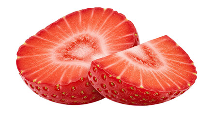 Close-up of two sliced ripe strawberries isolated against a black background