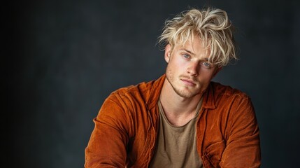 A contemplative young man gazes into the camera, embodying vulnerability and introspection, with tousled hair and casual attire that add to the relaxed yet serious mood of the shot.