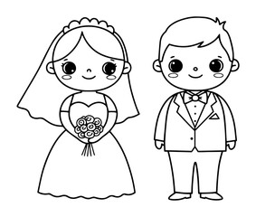 cute bride and groom outline vector character monochrome line art for wedding