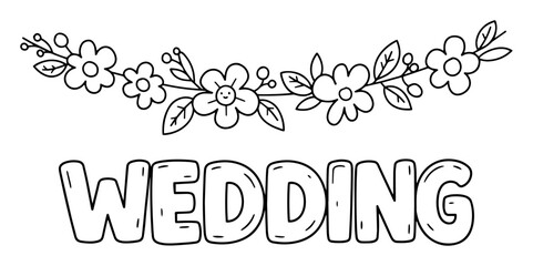 wedding word floral outline vector illustration monochrome line art for celebration