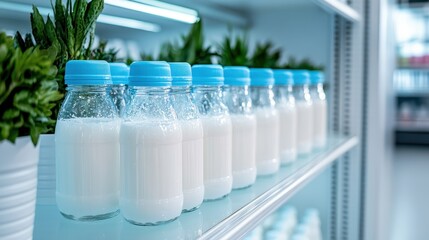 A neat row of fresh milk bottles with blue caps displayed in a clean refrigerator. The image represents freshness, cleanliness, and the importance of dairy in everyday life.