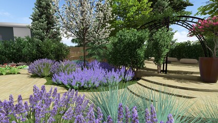 3d image of the landscape design of the home territory. Landscaping of the territory. Computer visualization of composite landscaping and landscaping solutions. 