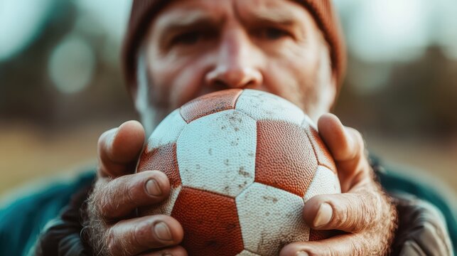 A focused older man dressed in warm clothing grips a vintage-style soccer ball, symbolizing nostalgia and passion for the game in a relaxed outdoor setting.