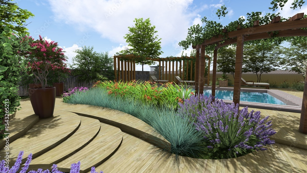 Poster 3d image of the landscape design of the home territory. landscaping of the territory. computer visua