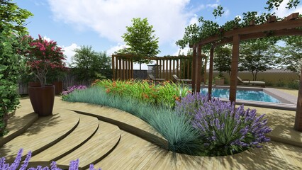3d image of the landscape design of the home territory. Landscaping of the territory. Computer visualization of composite landscaping and landscaping solutions. 