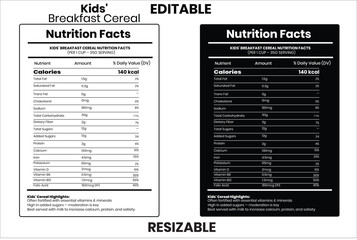 Kids' Breakfast Cereal, nutrition facts, nutrition, nutrition label, calories in food, nutrition info, supplement facts, vector template