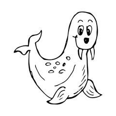 Cute cartoon walrus drawing for kids, animal vector clip art.