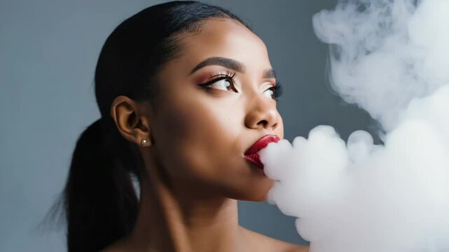 Young woman blowing smoke with striking red lips in studio