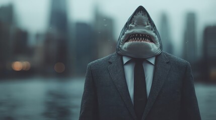 A surreal image showing a businessman with a shark head stands in a foggy cityscape, representing the unpredictable nature of business and the duality of human behavior.