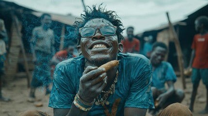A man in a blue shirt and glasses is laughing while holding a corn cob.