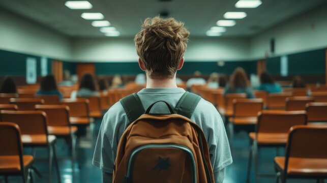 A lone student facing a classroom filled with empty chairs, capturing a moment of reflection on learning, growth, and the challenges faced in an academic environment.
