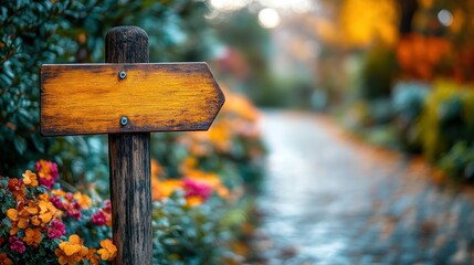 Fototapeta premium Rustic wooden arrow sign points down a fall garden path