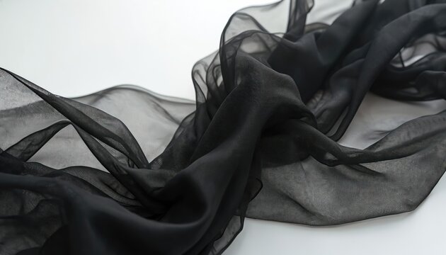 Black sheer mesh fabric on white background. Tulle, chiffon, organza textile. Semitransparent pattern with texture wavy lines. Empty surface backdrop for designs, fashion, art.