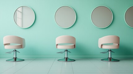 An elegant minimalist salon featuring modern hair styling chairs against a vibrant teal wall, reflecting contemporary design and the chic atmosphere of beauty and grooming spaces.