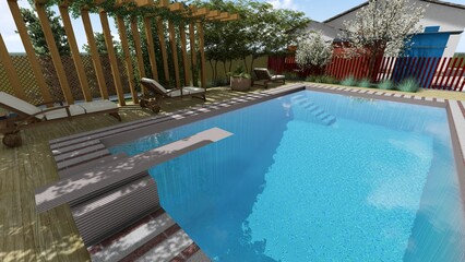 3d image of the landscape design of the home territory. Landscaping of the territory. Computer visualization of composite landscaping and landscaping solutions. 