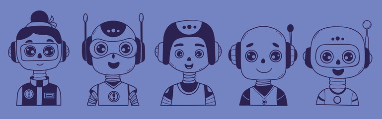 Cute Chatbot Face, Robot, girl, Assistant AI character set. Vector hand drawing doodles. Isolated Avatar for tech support, security, chatbot, futuristic design. Not AI