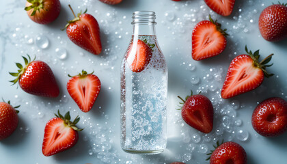strawberry  on the bottle | Healthy Red Strawberries with Green Leaves | Fresh Ripe Strawberries with Water Drops 
