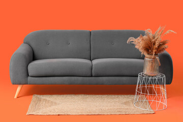 Modern living room interior with black sofa, table and dried flowers on red background