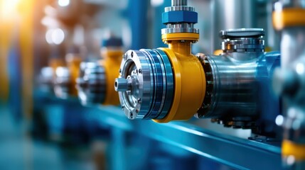 Naklejka premium An intricate view of a shiny mechanical valve connected to a pipeline, emphasizing engineering quality, function, and industrial aesthetics in a modern facility.