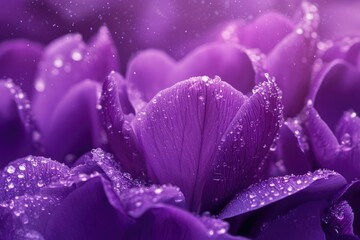 Fototapeta premium Close-up of vibrant purple petals glistening with morning dew, showcasing exquisite floral detail.