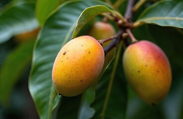 Close-up shot of ripe mangoes on branch. Yellow and red mangoes with green leaves. Tropical fruit background. Exotic fruits, food, summer, diet and healthy eating concept.