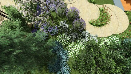 3d image of the landscape design of the home territory. Landscaping of the territory. Computer visualization of composite landscaping and landscaping solutions. 
