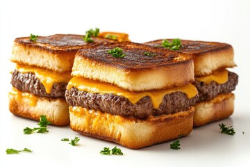 Grilled cheese sandwiches with melted cheese and juicy beef patties.