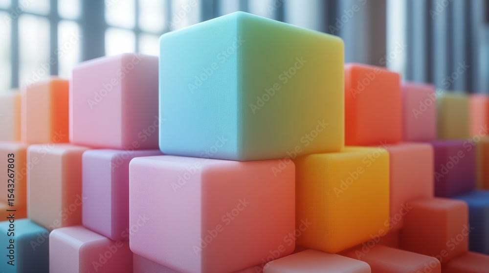 Poster pastel gradient stacked cubes a playful arrangement macro still life with soft focus and subtle deta