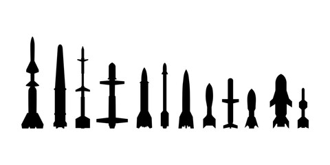 Black missile icon collection. Combat rocket weapons. Set of weapon and rocket symbol. Missile silhouette collection. Vector eps 